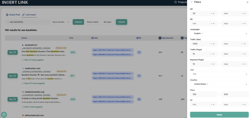 Filters on INSERT.LINK