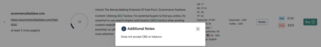 Some listings include a short note with special terms
