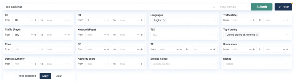 You can filter results by traffic, DR, language, industry